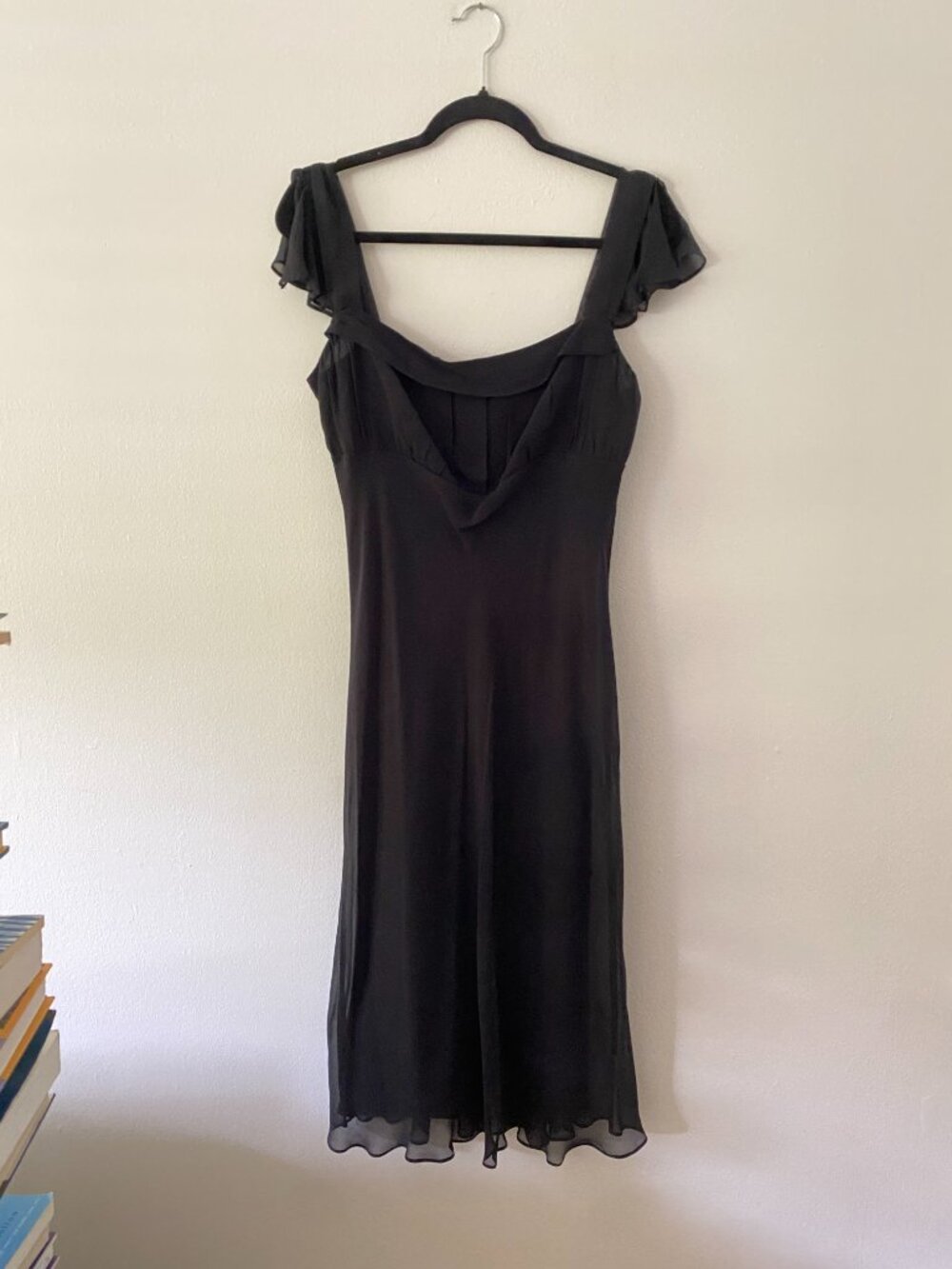 Vintage y2k Black Chiffon Flutter Sleeve Midi Dress Large Fairy Whimsygoth
